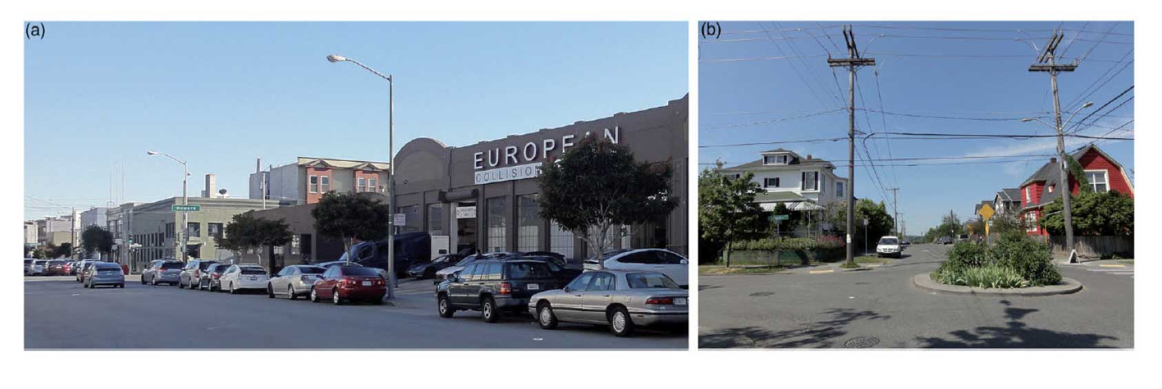 Figure 3.The plan boundary runs through the middle of these photos in San Francisco (left) and Seattle (right). In the SF photo, the buildings in the foreground are in the plan area; those in the background (the green building and beyond) are outside but the light industrial character is the same. In the Seattle photo, the house on the left is in the overlay zone, but the house on the right is not