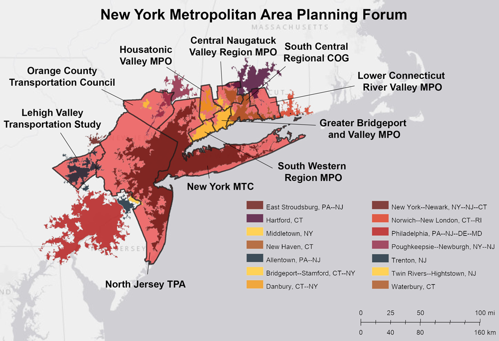 Figure 6. Constituent MPO Planning Areas and Urbanized Areas of the New York Metropolitan Area Planning Forum. Sources: HEPGIS, Esri, HERE.