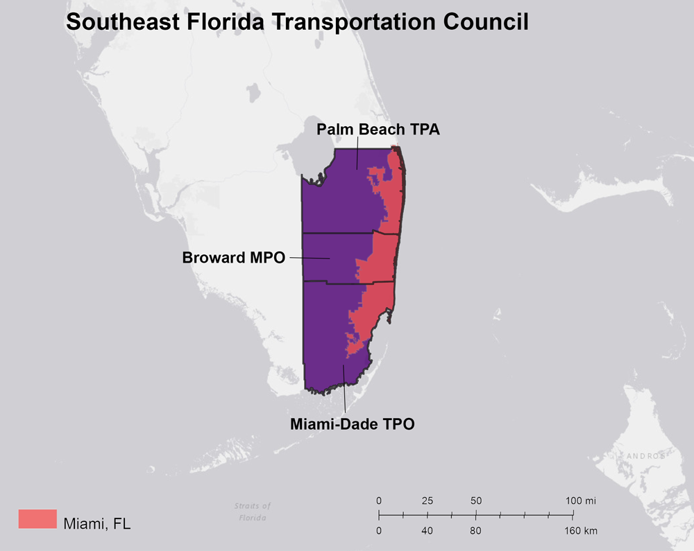 Figure 7. Constituent MPO Planning Areas and the Urbanized Area of the Southeast Florida Transportation Council. Sources: HEPGIS, Esri, HERE.