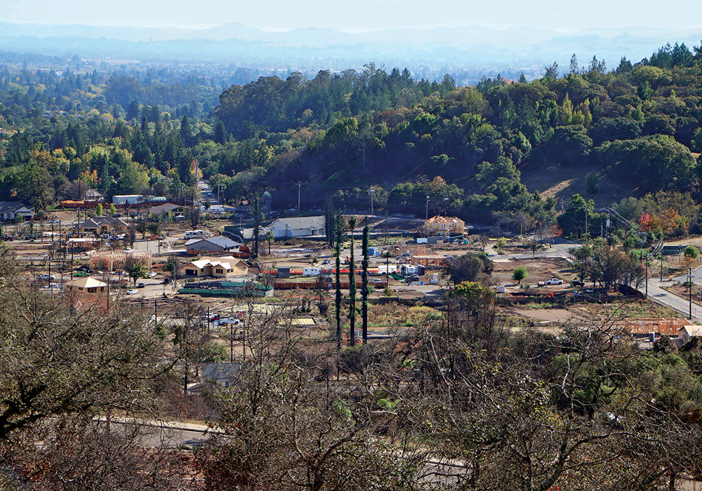 Rebuilding activity under way in Fountaingrove, a hillside community of Santa Rosa, in October 2018 — a year after the devastating wildfires. Santa Rosa’s Housing Action Plan: srcity.org/HAP. Photo courtesy City of Santa Rosa.