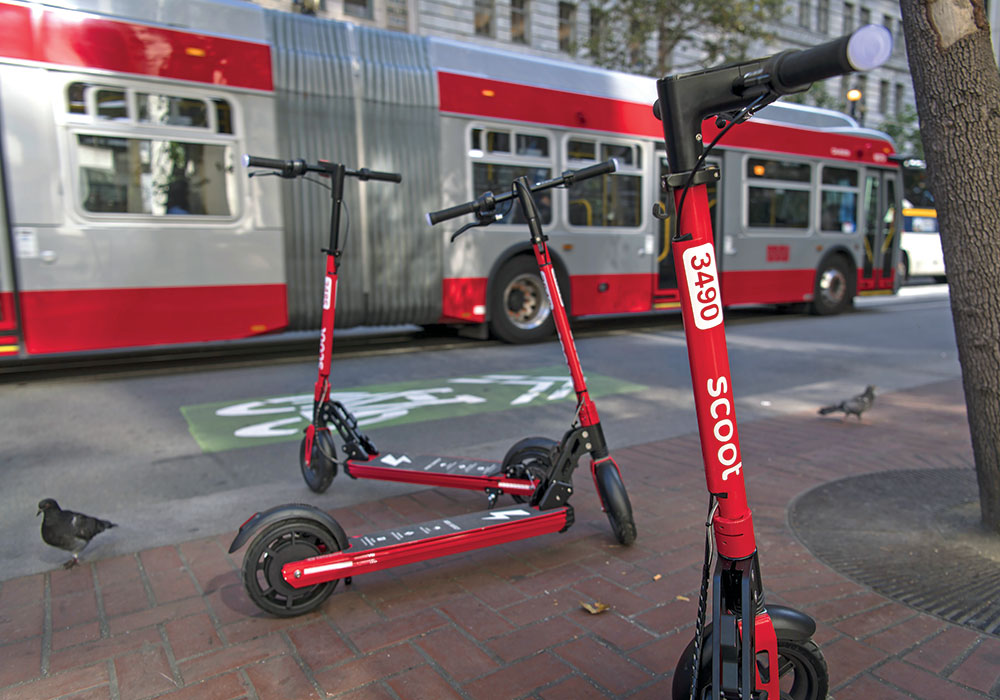 Scoot is one of two companies allowed to operate electric kick scooters in San Francisco’s year-long pilot program. Skip, based in Washington, D.C., is the other scooter provider. Photo by David Paul Morris/Bloomberg via Getty Images.