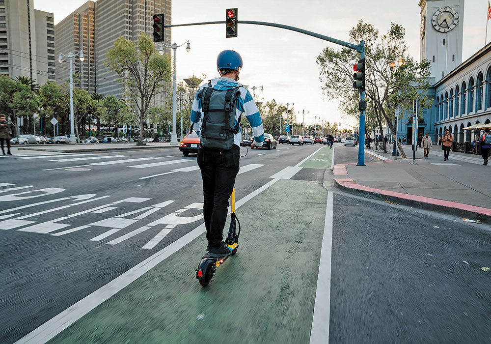 Skip encouraged its scooter riders to be good “ambassadors” during San Francisco’s trial period. Their rules? Wear a helmet. Don’t ride in city parks. And stay off of sidewalks. Skips must be ridden in bicycle or vehicle lanes. Photo courtesy Skip Scooters.