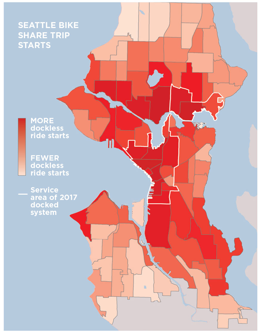 Scooter advocates point to dockless bike systems as a model for increasing range and usage. Researchers found that Seattle’s dockless bike-share program was much more geographically equitable than Pronto, the old docked system, which shut down in 2017. Still, the program faces challenges to make bike share a better tool in the most northern and southern neighborhoods of the city.