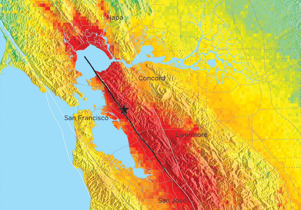 The HayWired earthquake scenario study models impacts on the San Francisco Bay region from a magnitude 7 quake on the Hayward Fault (black line). Here, a USGS map shows the intensity of shaking at the epicenter in Oakland and beyond. Courtesy USGS.
