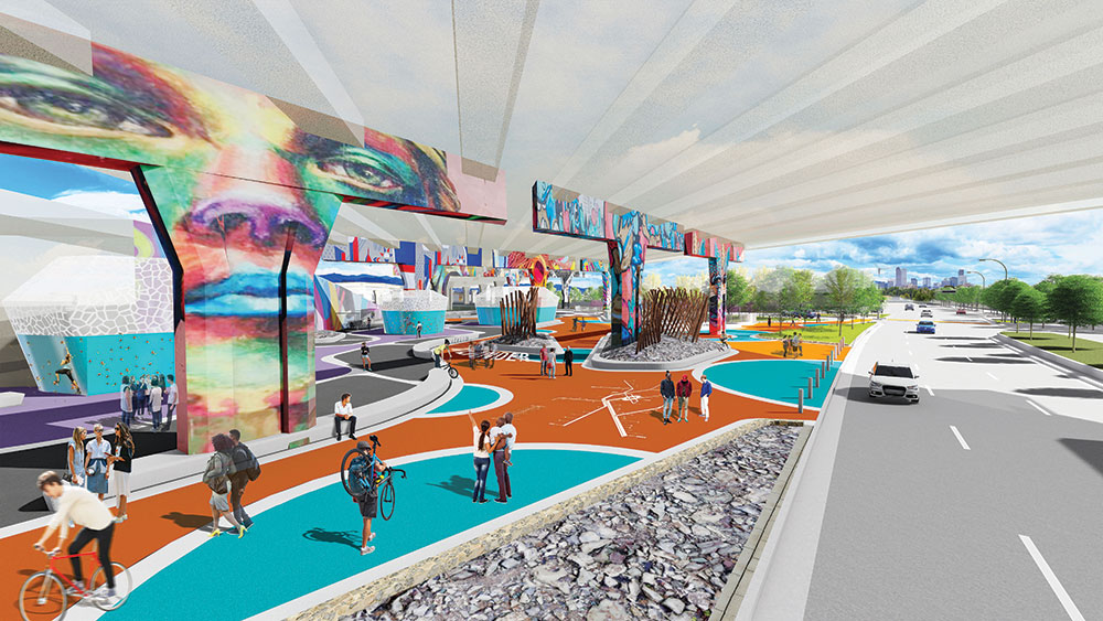 It’s hard to imagine a parking lot under a viaduct as a vibrant park. That’s where VR comes in. Image courtesy Design Workshop, Inc.