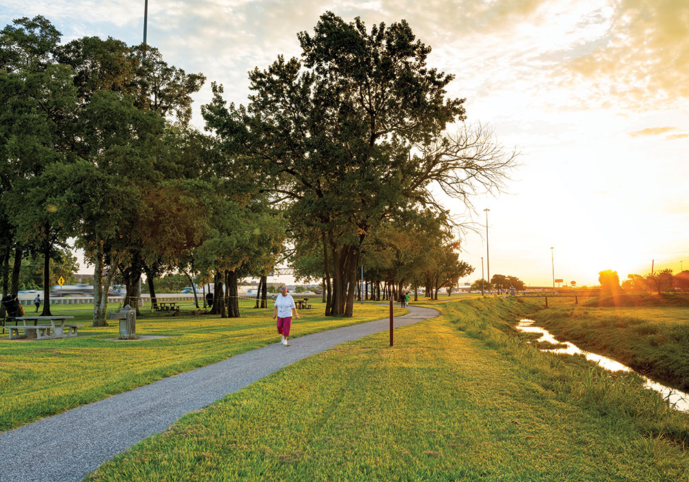 Deluged with flooding in recent years, Houston is learning to live with water, rather than trying to control it through hard infrastructure solutions alone. Water storage near the Hunting Bayou Greenway is one piece of that puzzle. Photo courtesy Houston Parks Board.