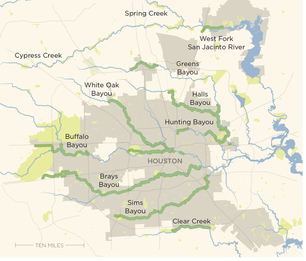 Map by Hassam Hussein, source map courtesy Houston Parks Board.