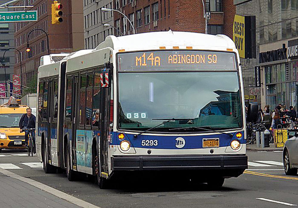 New York's M14 bus, once the slowest in the city, is 38 percent faster now that it no longer shares the street with private vehicles. Photo by Tdorante10, Wikimedia.