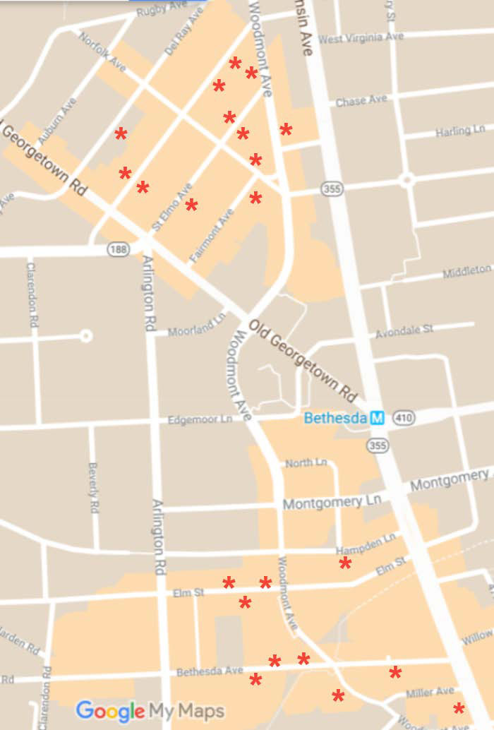 Montgomery County, Maryland, a suburb of Washington, D.C., has created 42 temporary curbside pickup zones for area restaurants. It bagged meters and installed signs to make sure users understood that the spaces were for food pickup and delivery only. Map courtesy Montgomery County.