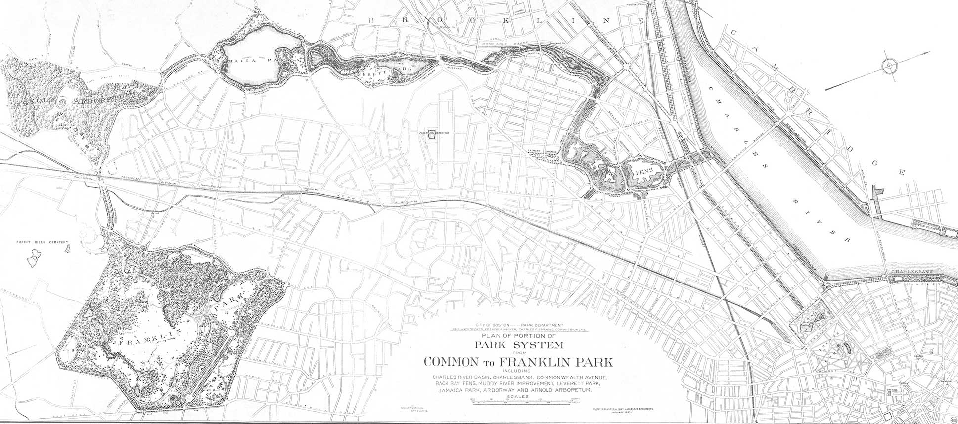 Decades in the making, Frederick Law Olmsted created the Emerald Necklace by transforming a sewage-clogged swamp into parkland, creating serene landscapes around ponds and converting carriage routes to tree-lined parkways. 1894 map: Courtesy National Park Service/Olmsted Archives.