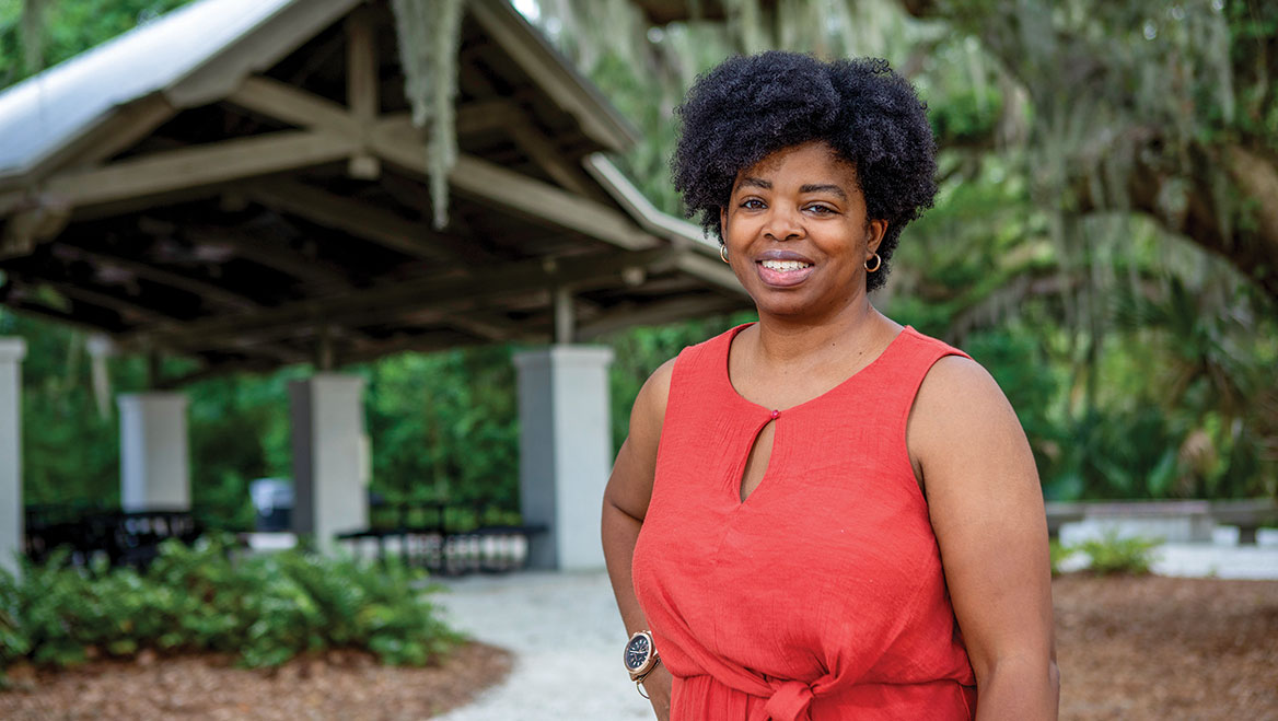 Sheryse Grant DuBose, a planner and Gullah, at Squire Pope Community Park, where she is working to begin an open-air market for Gullah small entrepreneurs. DuBose was hired as the town’s historic neighborhoods preservation administrator, to work with Gullah landowners and implement the plan’s recommendations.  Photo by Bailey Davidson.