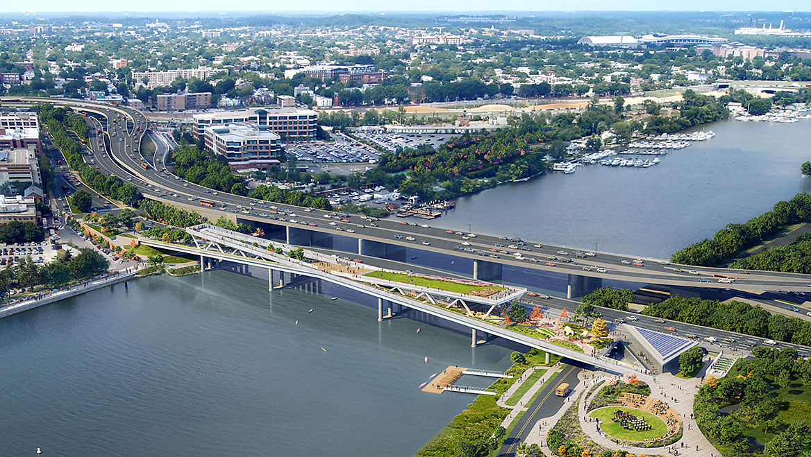 he proposed elevated public park on the 11th Street Bridge crossing Washington, D.C.’s Anacostia River features community spaces for recreation, education, and the arts. Rendering courtesy of OLIN+OMA.