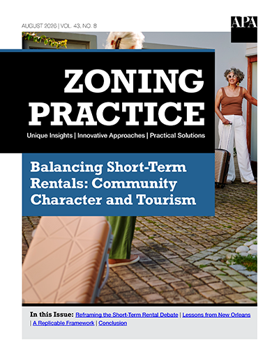 Zoning Practice August 2026 cover Balancing Short-Term Rentals: Community Character and Tourism (Zoning Practice August 2026)