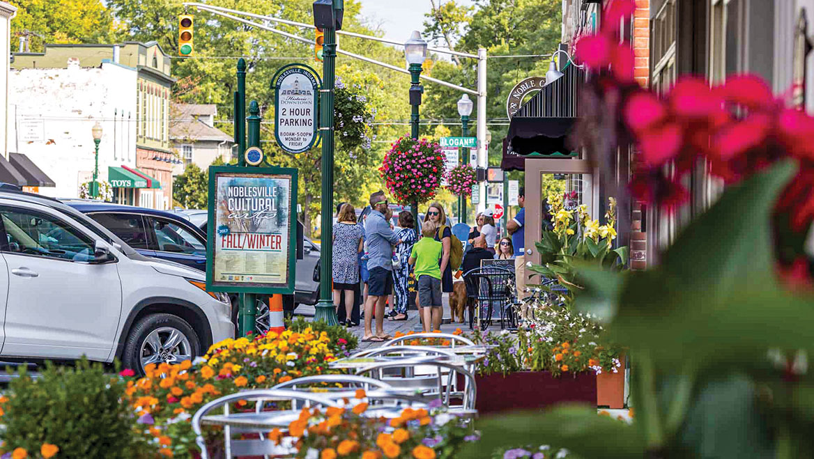 Each framework should cater to local needs. In downtown Noblesville, Indiana, activities that support the commercial core like parking and pedestrian access are a special focus. Photo courtesy Noblesville Main Street.