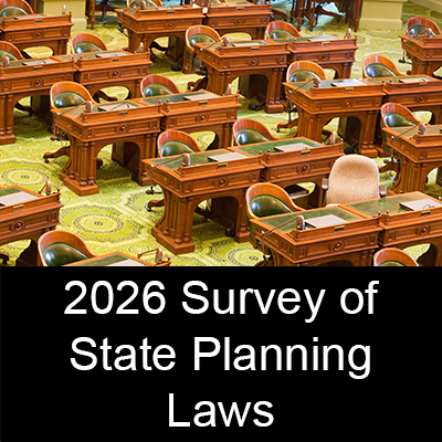 Rows of two-person desks in an empty legislative chamber and text reading, "2026 Survey of State Planning Laws."