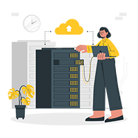 Illustration of a woman connecting a laptop to a server rack with a cloud upload icon.