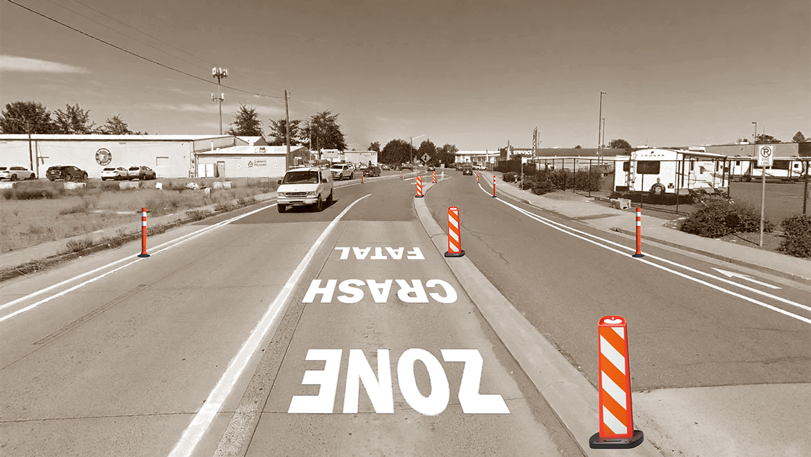 An Emergency Streets kit follows methods already used in construction zones, such as delineators with reflective materials and in-road stencils. Rendering by Cole Percival.