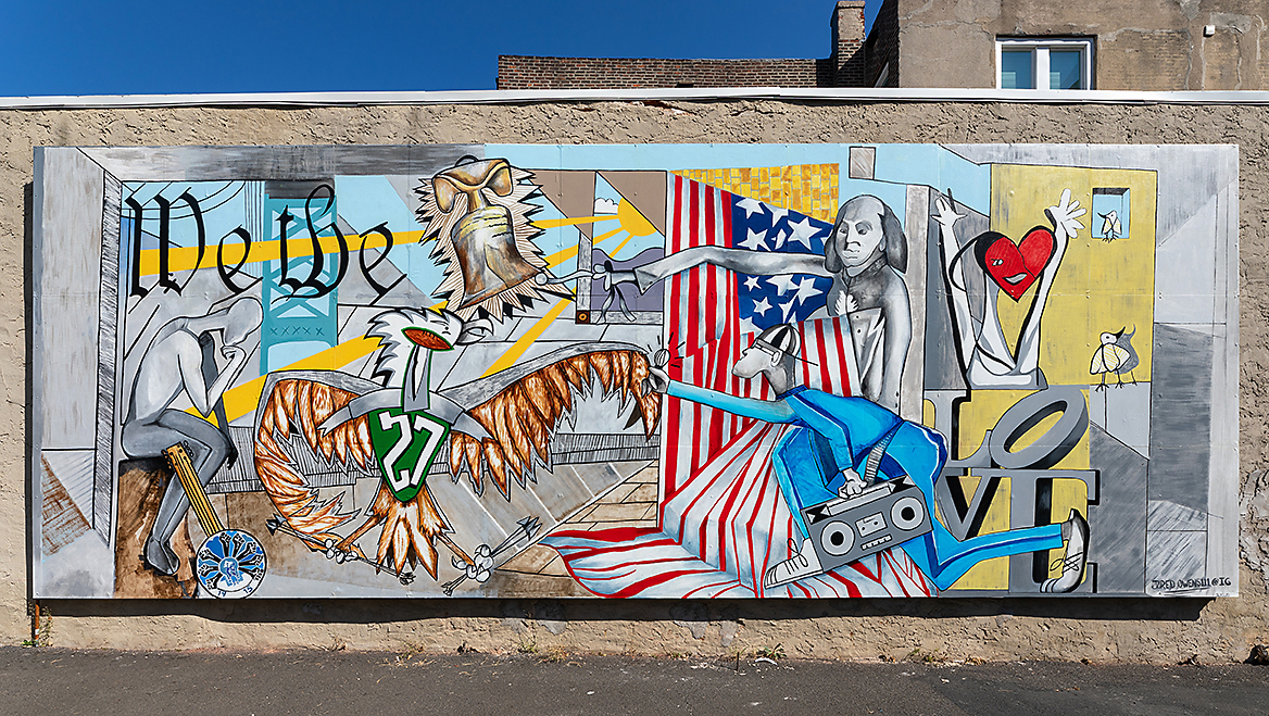 Riffing on Picasso’s Guernica, this mural uplifts a hopeful vision for the city by shining a light on the contributions of Philadelphia’s youth. PhilaGuernica by Jared Owens, 1131 Callowhill Street. ©2020 City of Philadelphia Mural Arts Program/Photos by Steve Weinik.