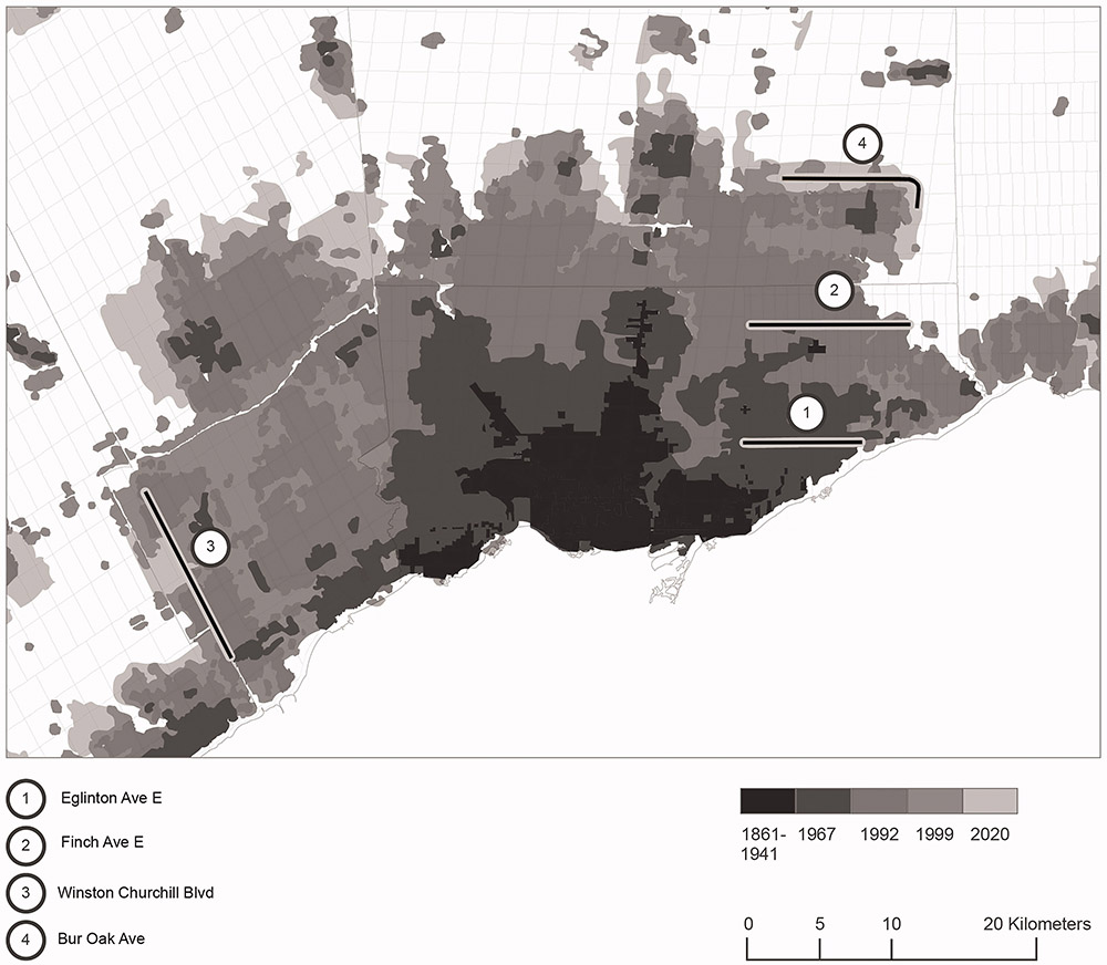 Figure 1. Case study corridors mapped against the period of urban development.