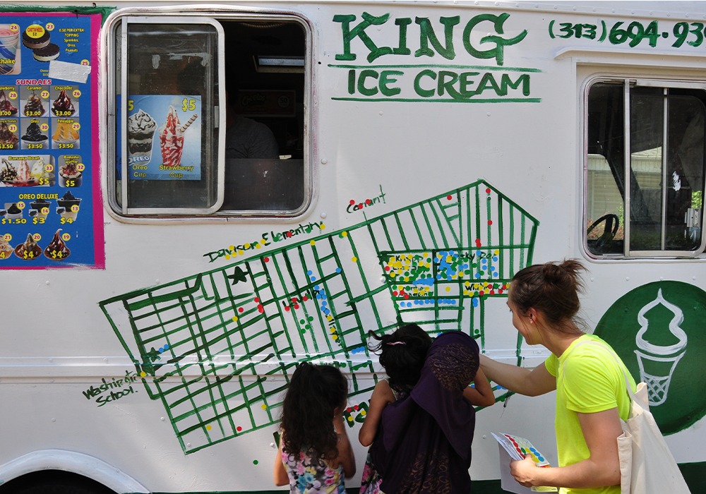 Interboro worked with a local ice cream entrepreneur, roaming the neighborhood and trading free cones for conversations with community members who could not attend formal planning meetings. Photo Credit: Interboro Partners