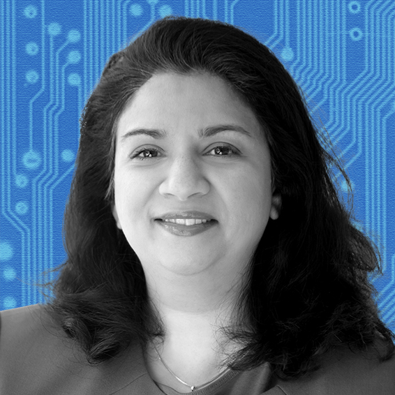 Portrait of a smiling woman, Ameera Sayeed, with a blue circuit board background.