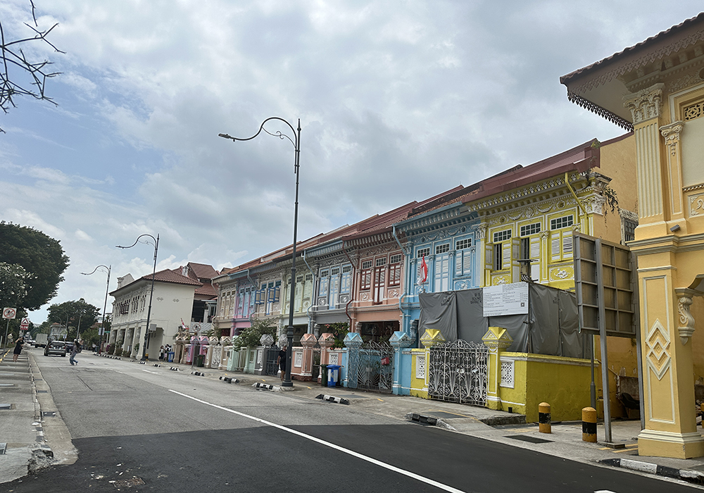 A long row of narrow two-story attached residences with ground-floor commercial storefront spaces and semi-enclosed courtyard entrances.
