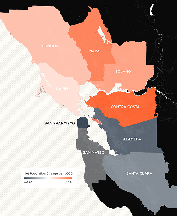 During the initial years of the pandemic, the Bay Area saw an uptick in residents moving from urban (gray) to suburban areas (orange). Cities across the country echoed this population trend. Maps by Skidmore, Owings & Merrill.