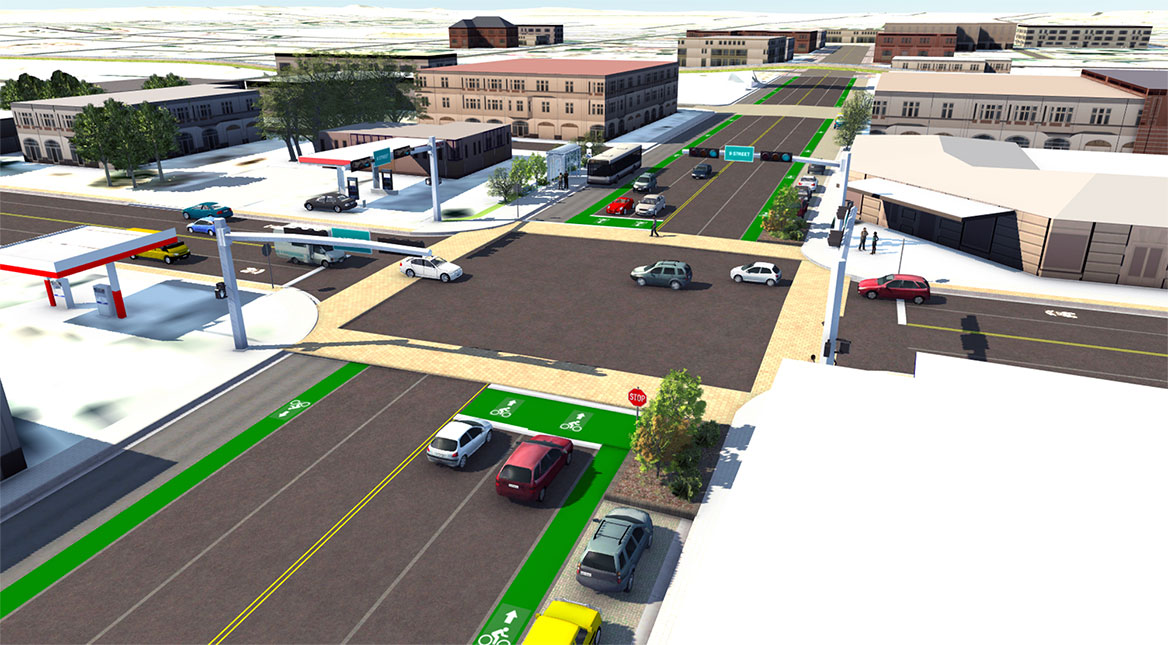 A three-dimensional rendering of a proposed alternative at San Antonio Street and Highland Avenue in Marfa, Texas was designed in InfraWorks and imported into HoloLens for mixed reality visualization. Image courtesy of CDM Smith.