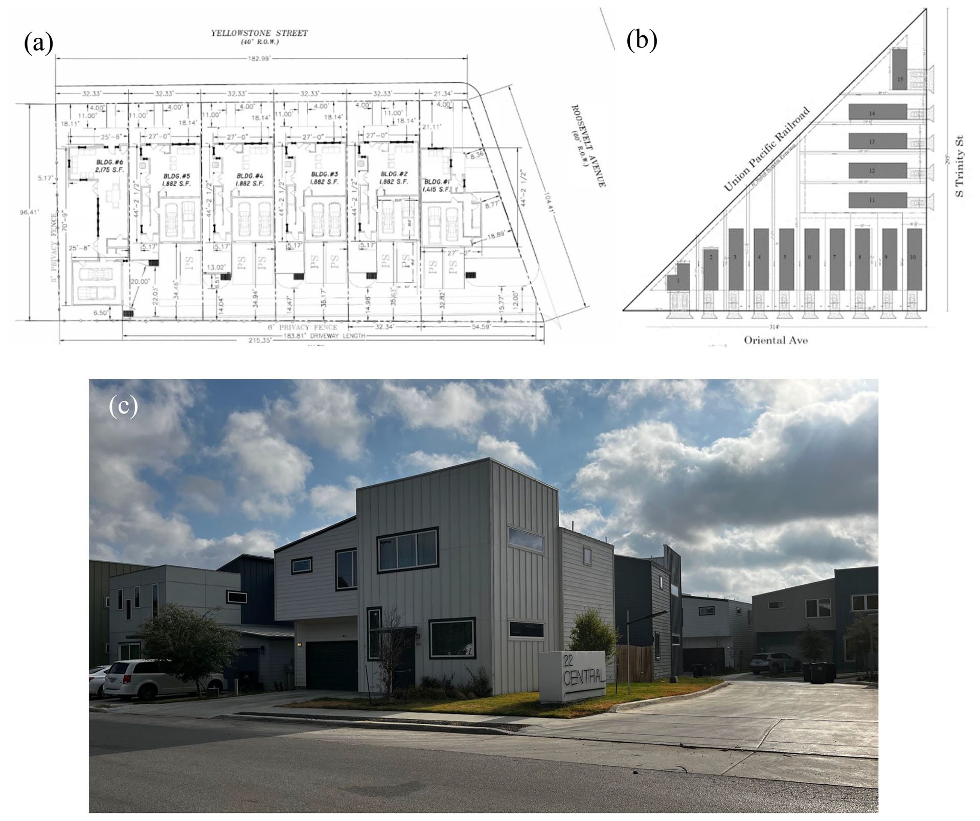 JAPA Blog September 25, 2025 Figure 4 Figure 4:Three examples of fee-simple subdivision on previously vacant lots. (a) Townhomes subdivided along shared walls to allow for individual addresses and homeownership at 202 Yellowstone Ave., (b) small shotgun homes on a uniquely shaped corner lot abutting the Union Pacific Railroad (611 Oriental), and (c) 22 Central, a modern cottage cluster on Rainbow Dr.