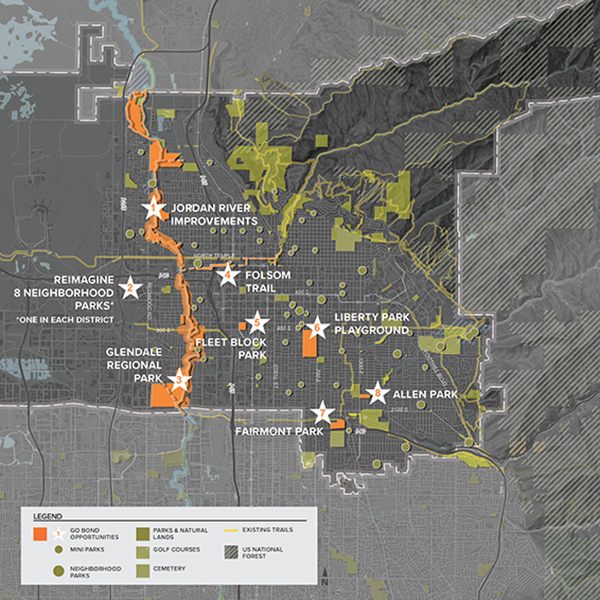The citywide diagram of proposed bond improvement locations visualized where funds would be spent. Map by Design Workshop, Inc.