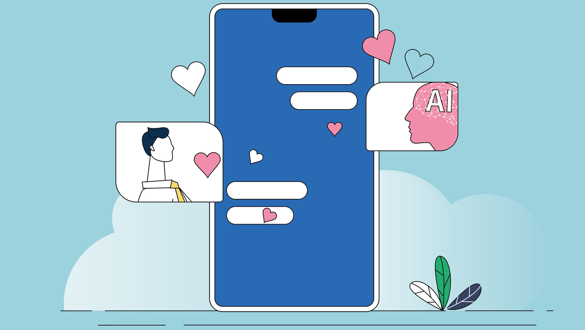 An illustration of text thread on a phone between a man and an AI bot.