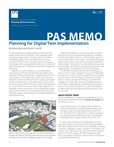 Cover of PAS Memo 125, Planning for Digital Twin Implementation.