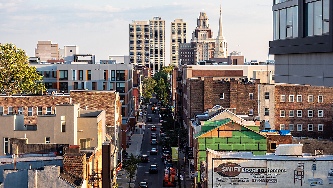 Looking south toward present-day Society Hill Towers from the Benjamin Franklin Bridge in Philadelphia Photo. Photo by Kyle Little/iStock Editorial/Getty Images Plus.