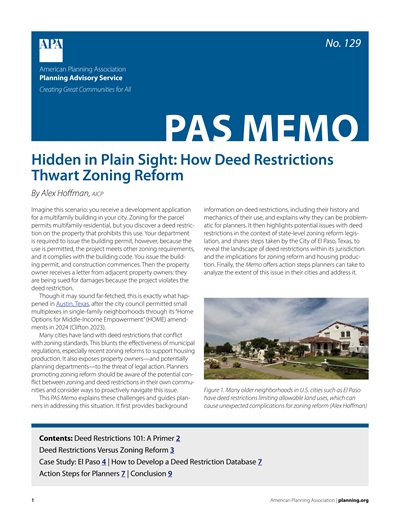 Cover of PAS Memo 129: Hidden in Plain Sight: How Deed Restrictions Thwart Zoning Reform.
