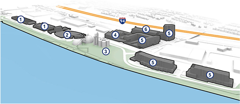 Upper Harbor Terminal redevelopment approved site plan following Community Advisory Committee input. Modified from City of Minneapolis (2021). Planned land uses include: (1) light industry; (2) 10,000-seat concert venue; (3) park; (4) proposed community wellness hub; (5) 520 units of housing with a mix of affordable and market-rate; and (6) use to be determined.