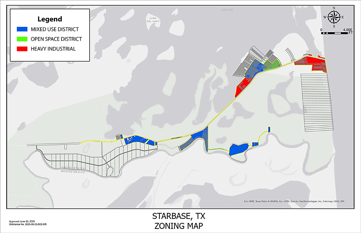 In June 2025, Starbase's City Commission approved zoning districts for mixed use, open space, and heavy industrial, which are SpaceX sites (in red). Map courtesy of City of Starbase.
