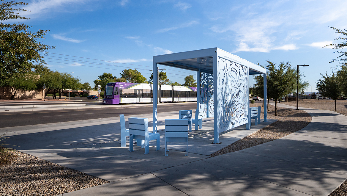 The Phoenix Office of Arts and Culture partnered with an artist team, an elementary school, and city departments to design this transit shelter that improved visibility, ADA access, and shade. Photo courtesy of City of Phoenix.