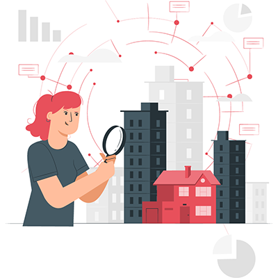 A collage of housing types and charts representing a mock housing needs assessment.