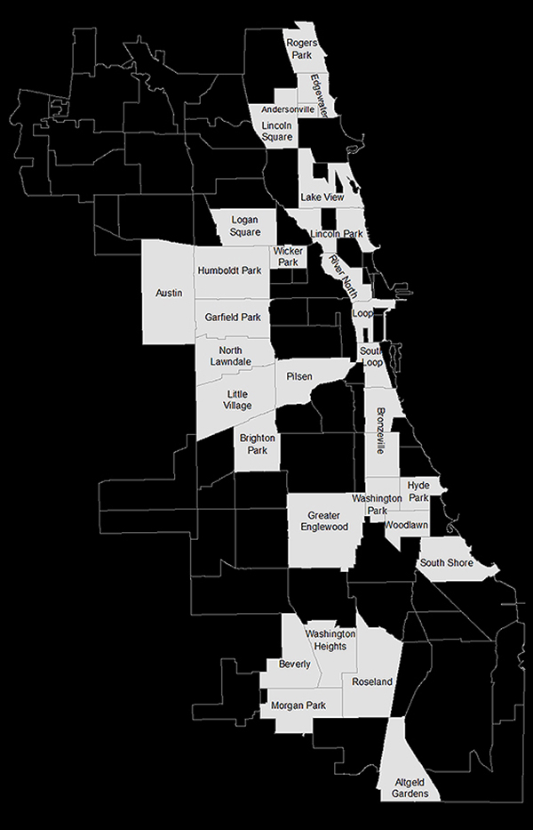 Key Chicago neighborhoods of those interviewed for Johnson and Krysan's Don't Go: Stories of Segregation and How to Disrupt It. Image by Sarah Rothschild.