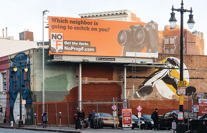 An Airbnb-financed group put this billboard up in San Francisco before a ballot initiative in November that would have limited the home-sharing service. After helping defeat Proposition F, Airbnb pledged to cooperate with local governments.
