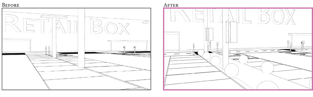 Sketch of redesigned retail parking lots using the Six Feelings Framework.