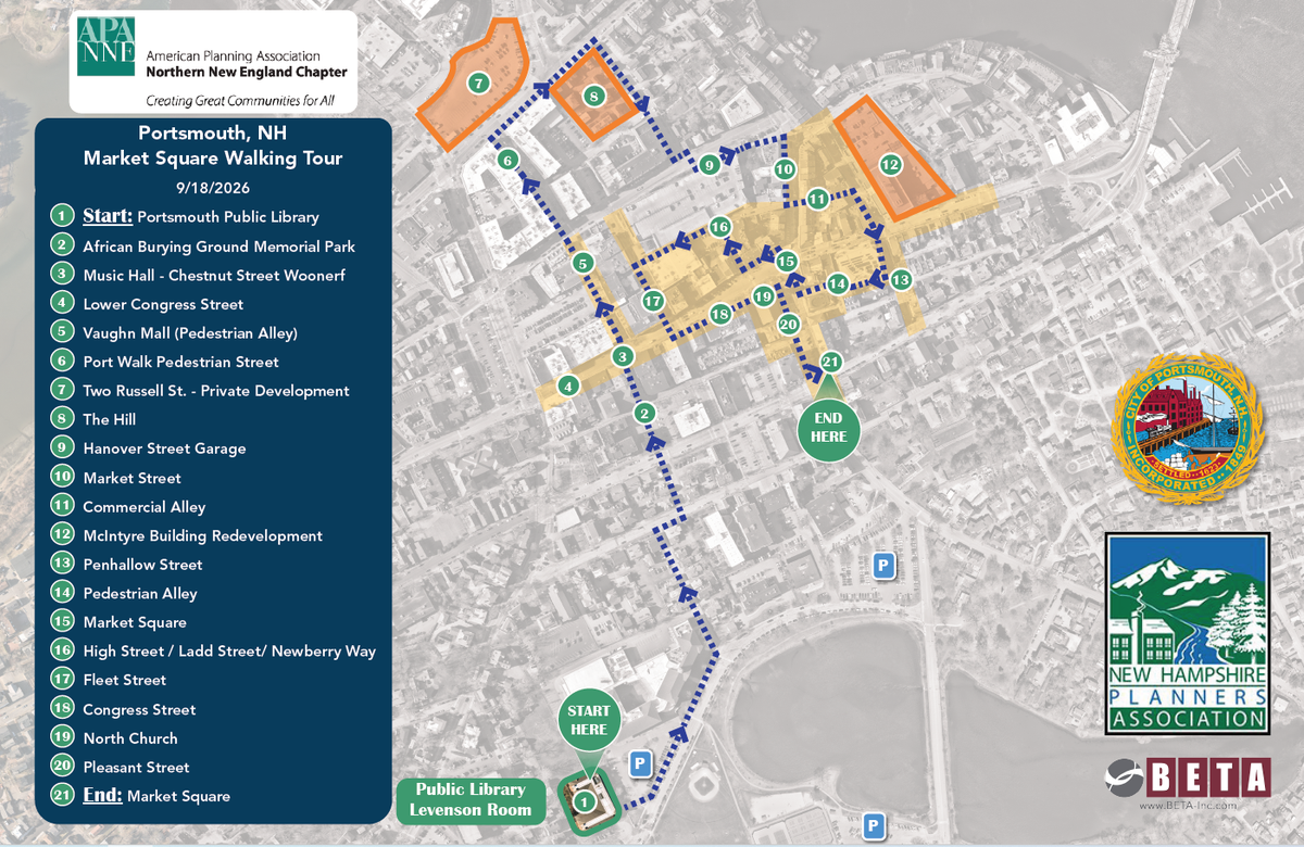 Map of a walking tour of downtown Portsmouth, New Hampshire.