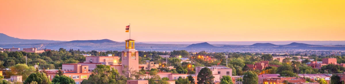 Santa Fe, New Mexico cityscape horizon at dusk