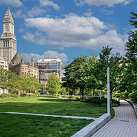 View of the Boston skyline and part of the Rose Kennedy Greenway.