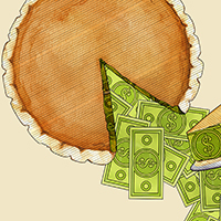 A slice of pumpkin pie filled with money being served.
