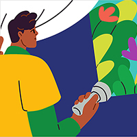 Person with flashlight exploring colorful garden.