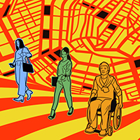 Diverse group of colorful figures on a vibrant map background