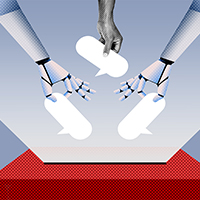 Robotic hands and a human hand placing speech bubbles on a red surface.