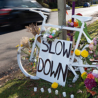 Ghost bike memorial with "Slow Down" sign and flowers at roadside.