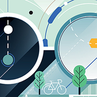 Abstract geometric design with circles, hexagons, and bicycle motif, representing data visualization or analytics.